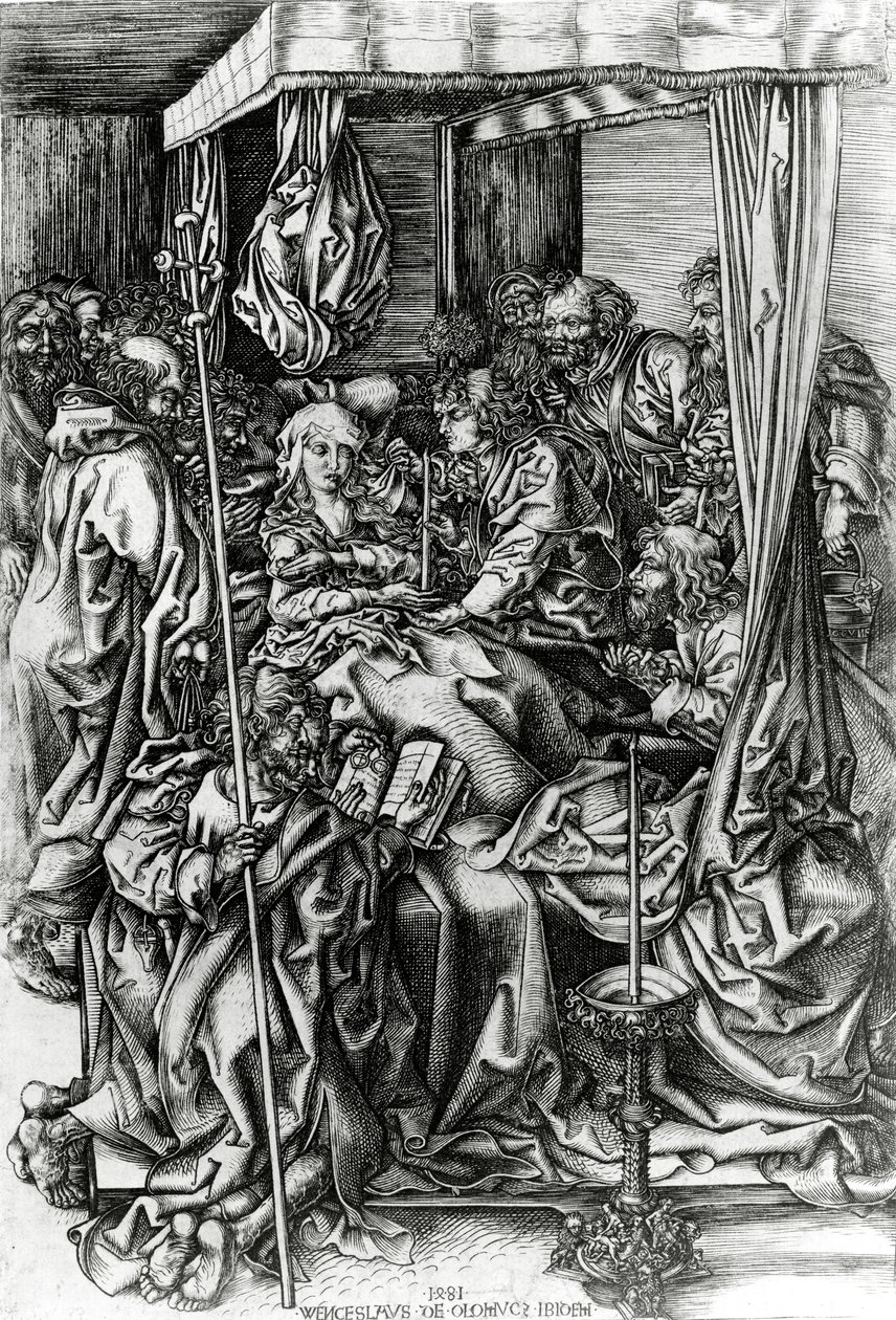 A Szűz halála, Wenzel von Olmutz metszete, 1481 alkotó: Martin Schongauer