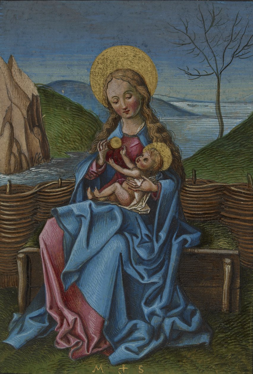 A Szűz és a Gyermek egy füves padon alkotó: Martin Schongauer