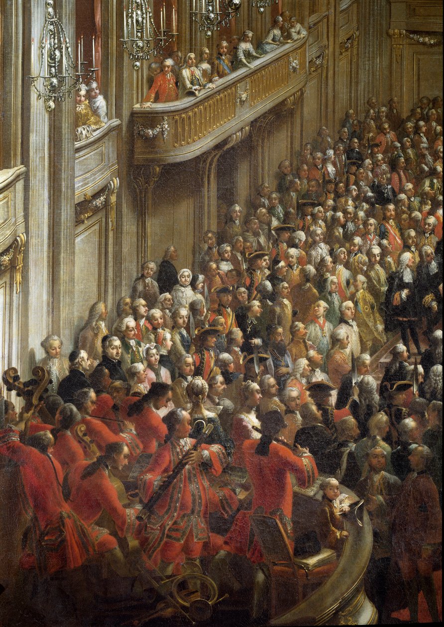 Mozart gyermek a zenészek közelében. Izabella pármai hercegnő és II. József császár esküvőjének hivatalos bankettjének részlete (festmény alkotó: Martin (and studio) Mytens or Meytens