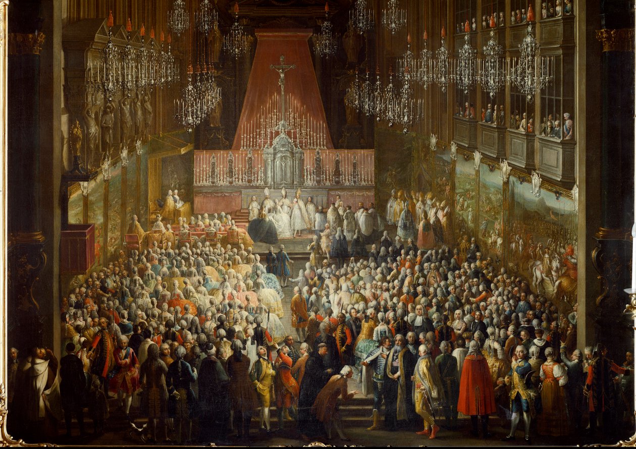Izabella pármai hercegnő esküvői szertartása II. József császárral, 1760.10.06. Részlet (festmény) alkotó: Martin (and studio) Mytens or Meytens