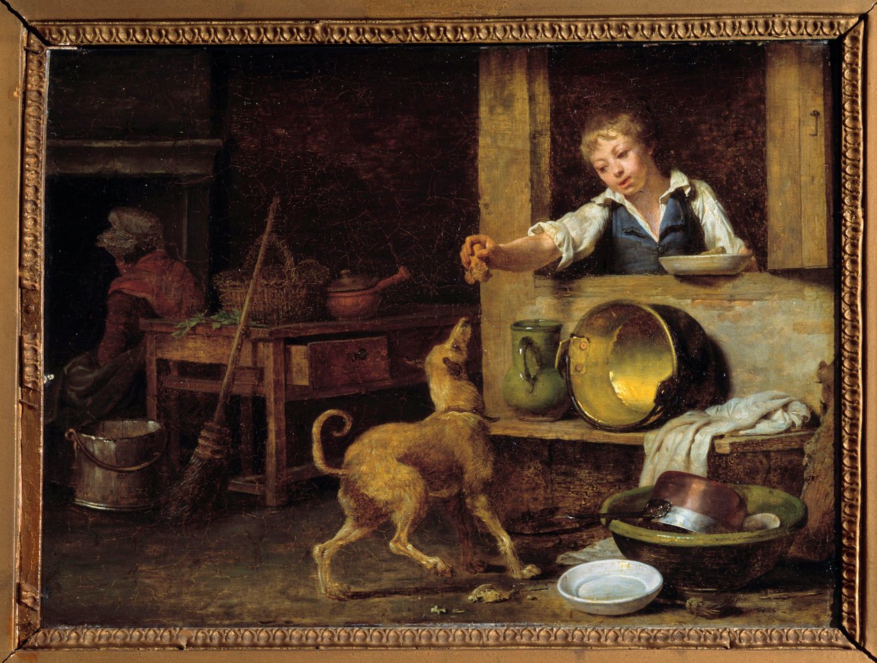 Konyhabelső Egy fiatal szolgáló odaadja a kutyának a maradékot. Martin Drolling (1752-1817) festménye 19. századi Orleans, Szépművészeti Múzeum alkotó: Martin Drölling