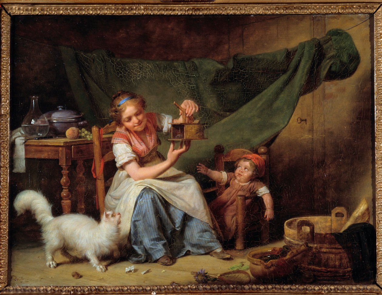 A nő és az egér Egy lány egérfogót tart a macska és a baba előtt. Martin Drolling (1752-1817) festménye 1798 V. 0,25x0,35 m Orléans. Szépművészeti Múzeum alkotó: Martin Drölling