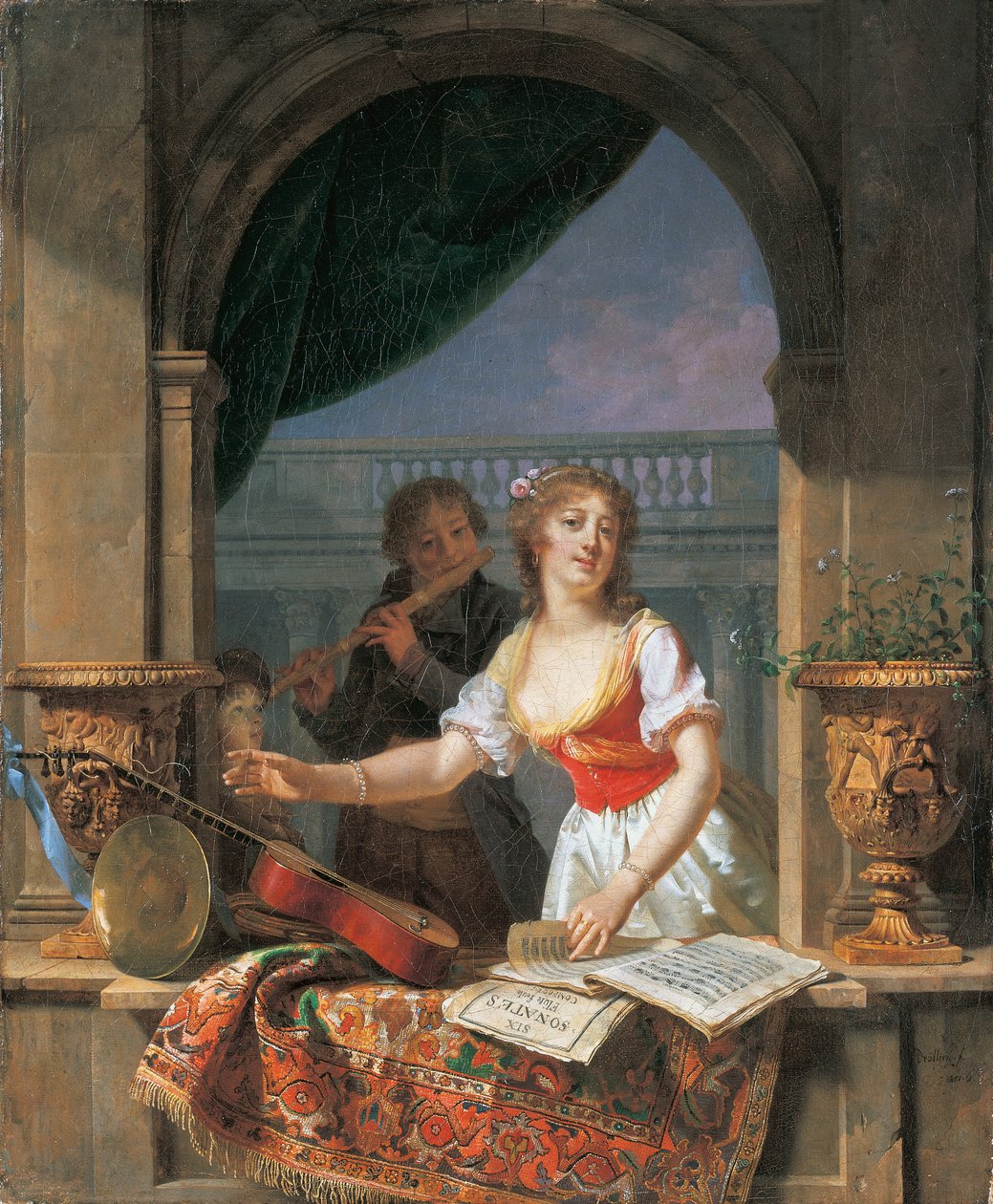 Egy fiatal hölgy gitárért nyúl egy kőszárnynál, és egy fiú furulyázik azon túl, 1796-97 alkotó: Martin Drölling