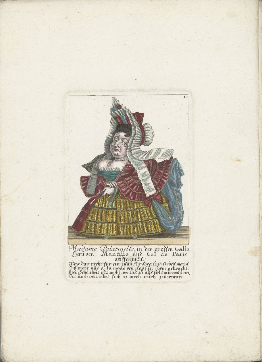 De Franse dwerg Madame Palatinelle, 1710 körül Madame Palatinelle, motorháztetők, mantilla és cul de Paris felöltözve a nagy Gallában (cím a tárgyon) Il Callotto resurcitato vagy újonnan berendezett kis szekrény (sorozat címe) alkotó: Martin Engelbrecht (attributed to)