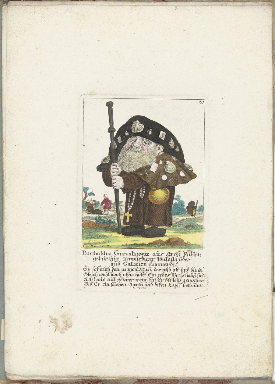 De dwerg Bartholdus Gursalkawiz mint Pelgrim uit Compostella, 1710 körül Bartholdus Gursalkawiz, Groß Pohlenben született, méltatlan erdei testvér Galliciából (cím a tárgyon) Il Callotto resurcitato vagy Újonnan berendezett kis szekrény (sorozat alkotó: Martin Engelbrecht (attributed to)
