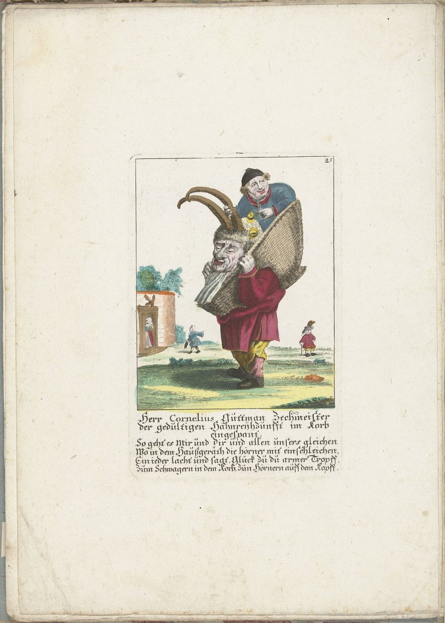 De dwerg Cornelius Guttman, mint hobordrager, 1710 körül Mr. Cornelius Guttman, a türelmes felszarvazott céh részeg kosárban (cím a tárgyon) Il Callotto resurcitato vagy újonnan berendezett kis szekrény (sorozat címe) alkotó: Martin Engelbrecht (attributed to)