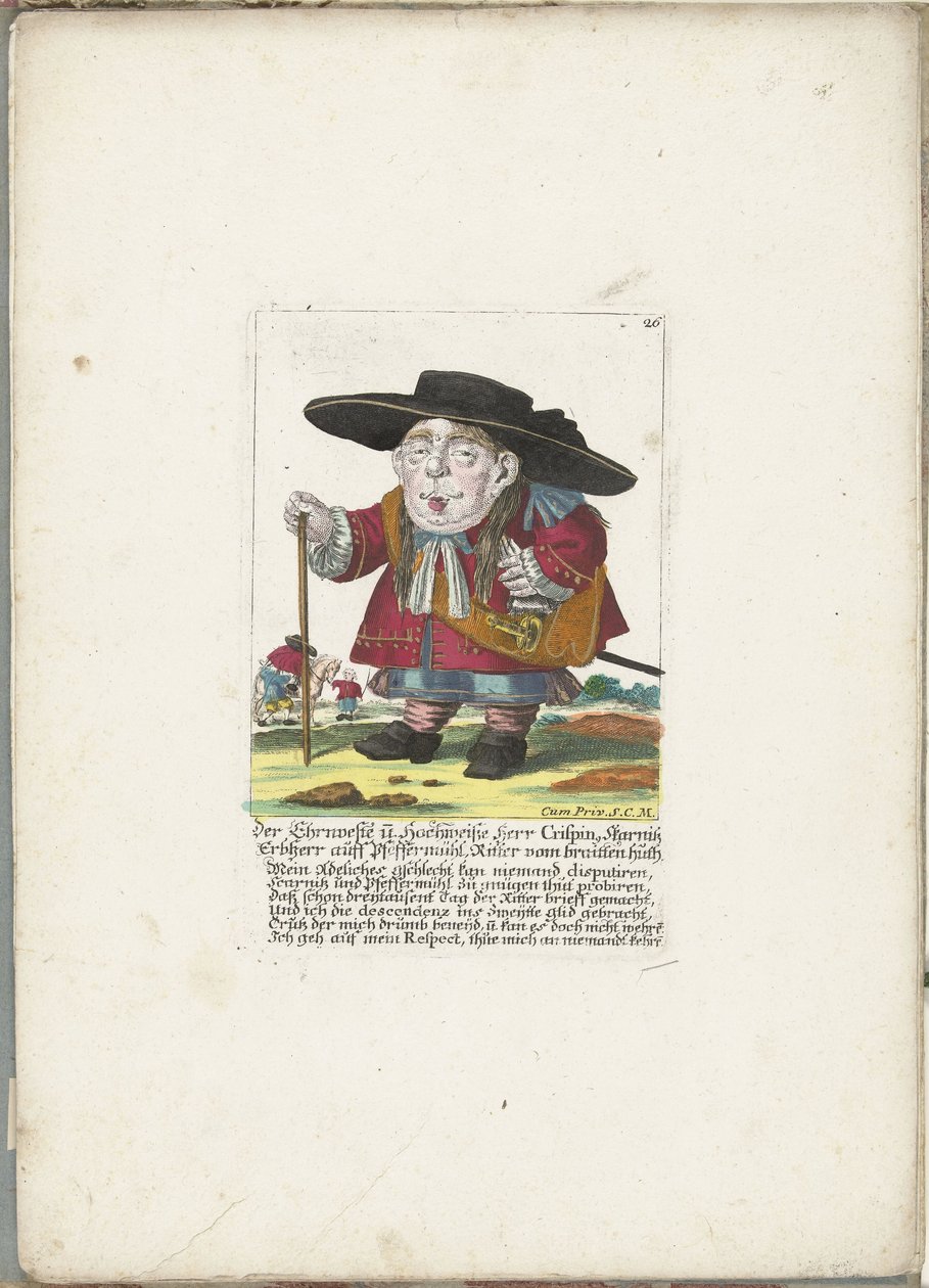Crispin Skarnitz dwerg, 1710 körül Az Ehrnveste és Hochweiße Herr Crispin, Skarnitz örökös ura, auff Pfeffermühl, braitten huth lovagja (cím a tárgyon) Il Callotto resurcitato vagy újonnan berendezett kis szekrény (sorozat címe) alkotó: Martin Engelbrecht (attributed to)