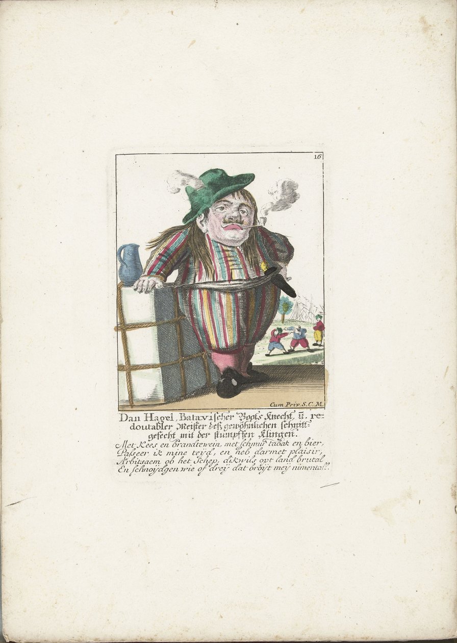A dwerg Dan Hagel holland csónakosként, 1710 körül Dan Hagel, bataviai csónakos és a tompa pengével vívott közönséges vágócsata megkettőzött mestere (cím a tárgyon) Il Callotto resurcitato vagy újonnan berendezett Dwarf Cabi alkotó: Martin Engelbrecht (attributed to)
