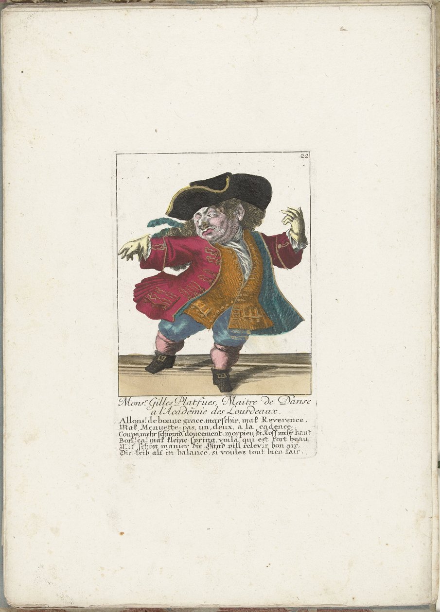 A törpe Gilles Platfues francia táncmesterként, kb. 1710 Mgr. Gilles Platfues, az Academie des Lourdeaux táncművészete (cím a tárgyon) Il Callotto resurcitato vagy Újonnan kinevezett Zwerchen kabinet (sorozat címe) alkotó: Martin Engelbrecht (attributed to)