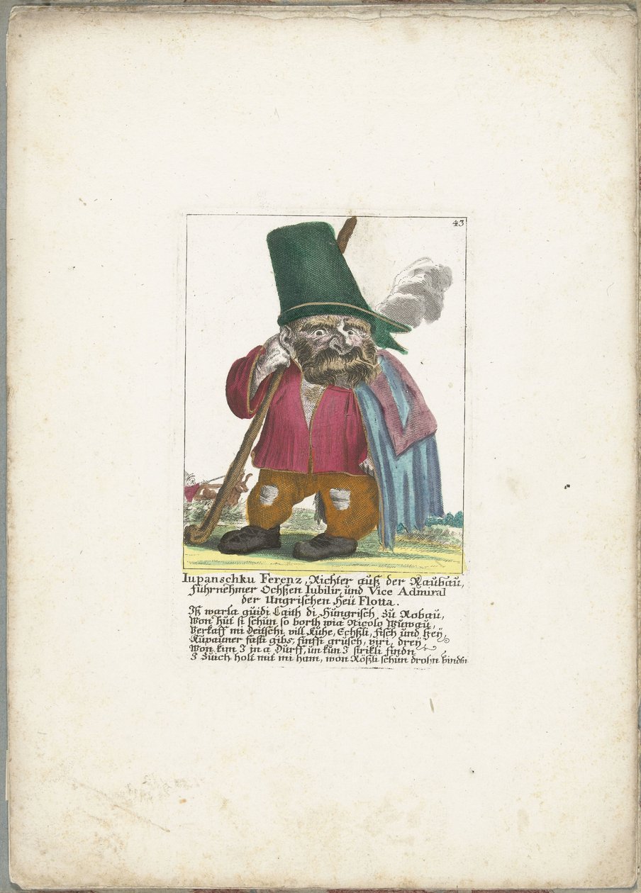 De dwerg Iupanschku Ferenz, 1710 körül Iupanschku Ferenz raubaui bíró, Jubilir főökör, a Magyar Heü Flotta admirálisa (cím a tárgyon) Il Callotto resurcitato vagy újonnan berendezett kis szekrény (sorozat címe) alkotó: Martin Engelbrecht (attributed to)