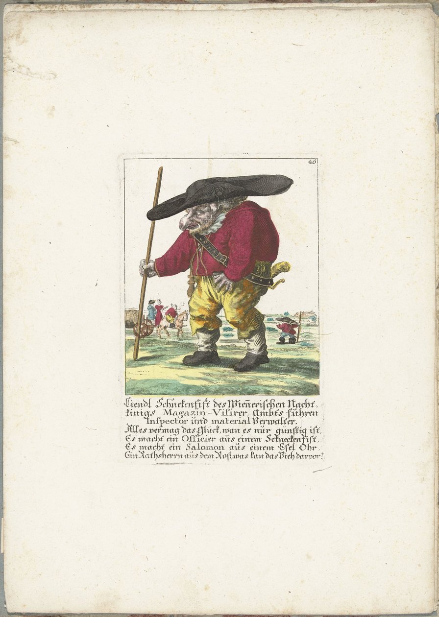De dwerg Liendl Schnekenfist, 1710 körül Liendl Schnekenfist, a Wienerisches Nacht-Kings Magazin-Visirer munkatársa, Ambts hajtott ellenőr és anyagadminisztrátor (cím a tárgyon) Il Callotto resurcitato vagy újonnan berendezett kis szekrény (sorozat címe) alkotó: Martin Engelbrecht (attributed to)