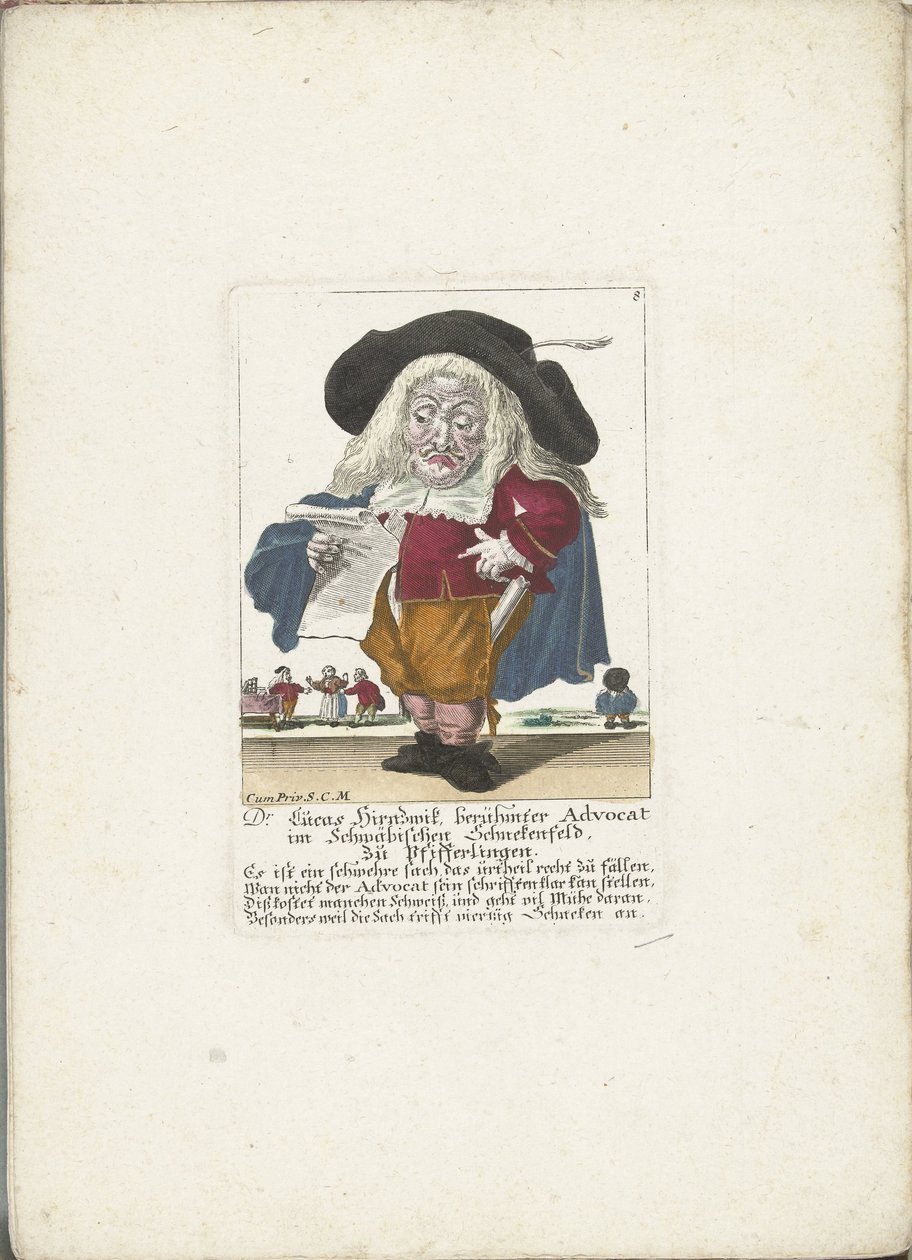 De dwerg Lucas Hirnzwik mint een advocaat, 1710 körül dr Lucas Hirnzwik, a sváb Schnekenfeld híres szószólója a rókagombáról (cím a tárgyon) Il Callotto resurcitato vagy újonnan berendezett kis szekrény (sorozat címe) alkotó: Martin Engelbrecht (attributed to)