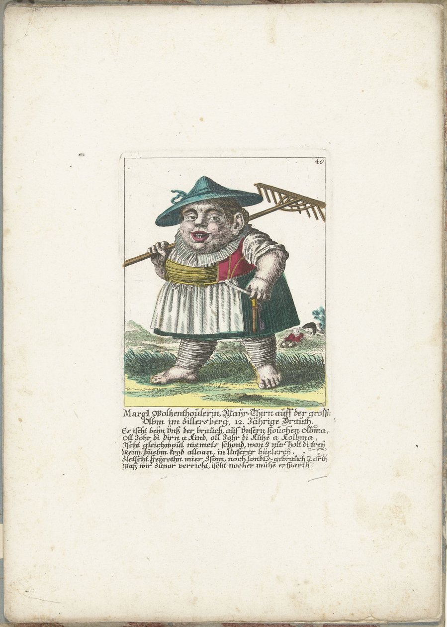 A törpe Margl Woltzenthoulerin, kb. 1710 Margl Woltzenthoulerin, Mayr-Thirn auff der grossn Olbm im Zillersberg, 12. Jährige Brauth (cím a tárgyon) Il Callotto resurcitato vagy Újonnan kinevezett Zwerchen kabinet (sorozat címe) alkotó: Martin Engelbrecht (attributed to)