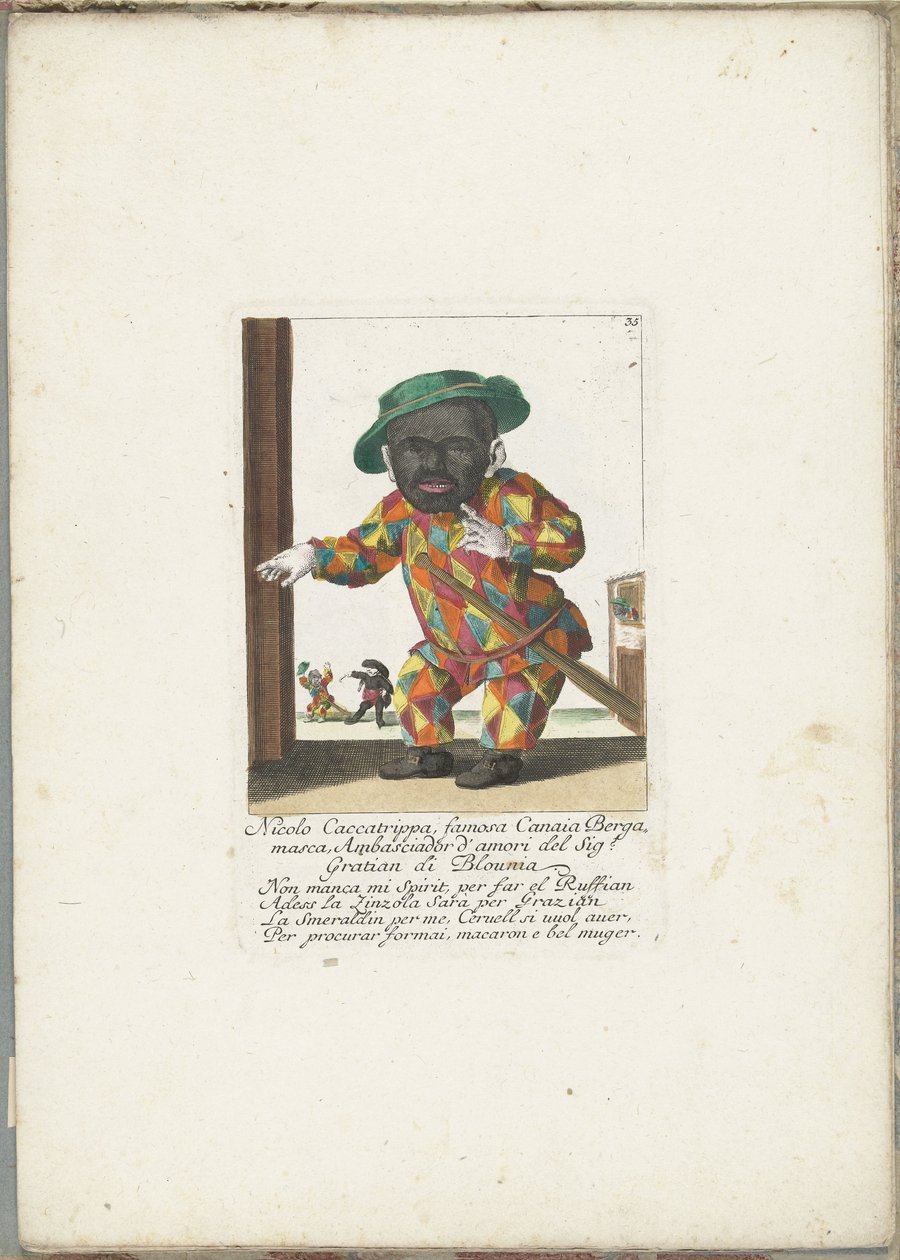 De dwerg Nicolo Caccatrippa als harlekijn, kb. 1710 Nicolo Caccatrippa, híres Canaia Bergamasca, Mr. Gratian of Blounia Ambasciador d
