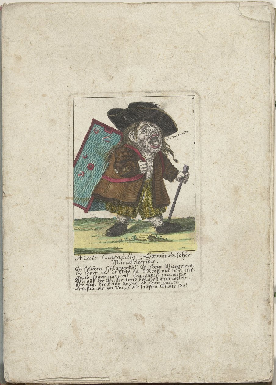 Nicolo Cantabella dwerg, 1710 körül Nicolo Cantabella, Savoyard féregvágó (cím a tárgyon) Il Callotto resurcitato vagy újonnan berendezett kis szekrény (sorozat címe) alkotó: Martin Engelbrecht (attributed to)