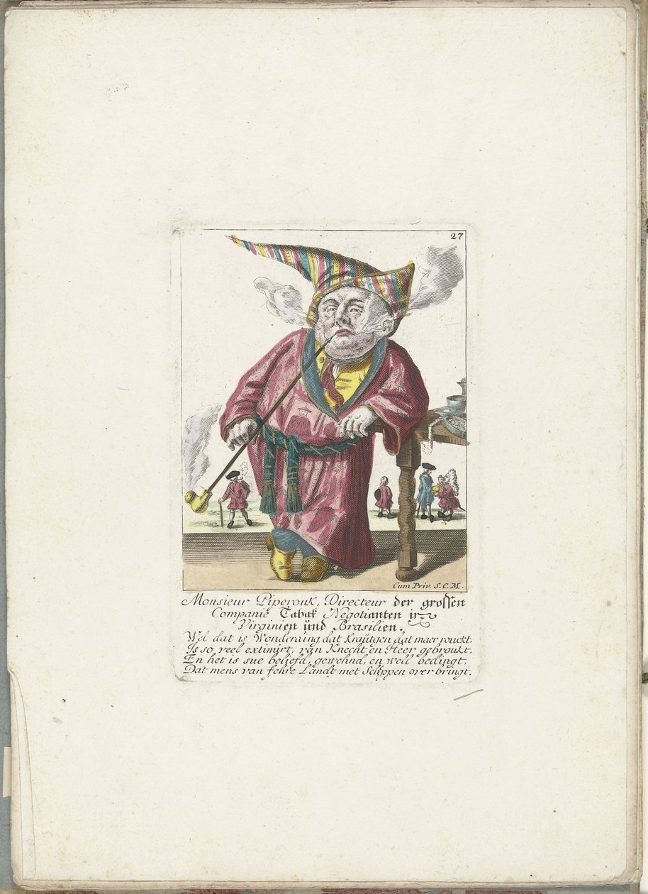 De dwerg Piperouk egy dohánybolt igazgatójaként, 1710 körül Monsieur Piperouk, a Tabak Negotianten nagyvállalat igazgatója Virginiában és Brazíliában (cím a tárgyon) Il Callotto resurcitato vagy újonnan berendezett kis szekrény (sorozat címe alkotó: Martin Engelbrecht (attributed to)