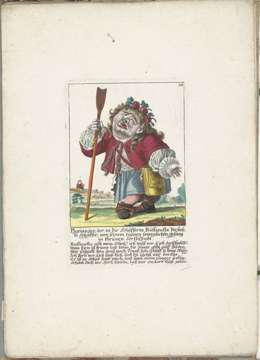 De dwerg Ploriander pásztorként, 1710 körül Ploriander, a Ruffanella pásztorlányba szerelmes pásztor, aki sírva fakadt saját mozgó dalára (cím a tárgyon) Il Callotto resurcitato vagy Újonnan berendezett kis szekrény (sorozat alkotó: Martin Engelbrecht (attributed to)