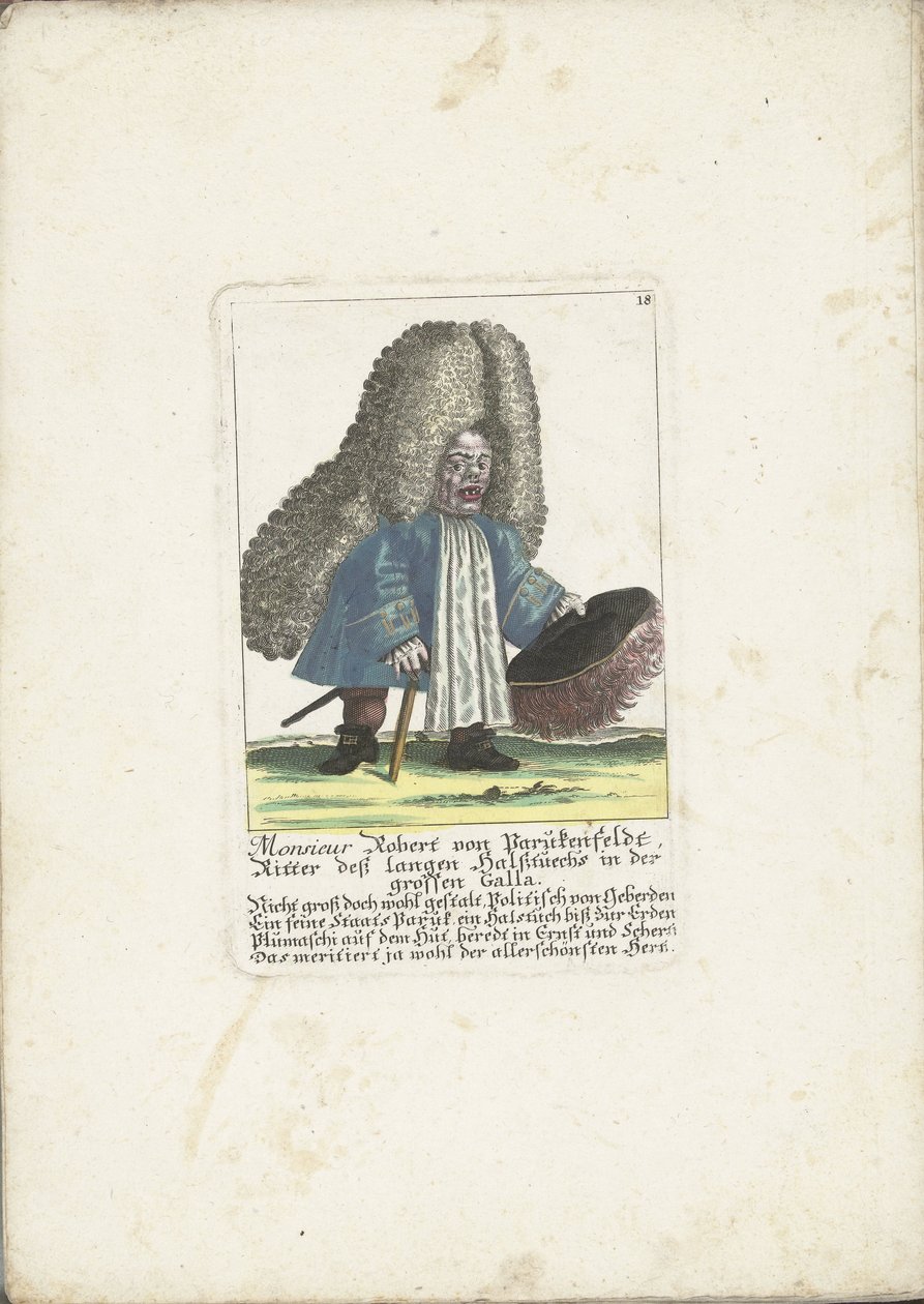 A dwerg Robert von Parukenfeldt, 1710 körül Monsieur Robert von Parukenfeldt, a hosszú nyakú posztó lovagja a Great Galla-ban (cím a tárgyon) Il Callotto resurcitato vagy újonnan berendezett kis szekrény (sorozat címe) alkotó: Martin Engelbrecht (attributed to)