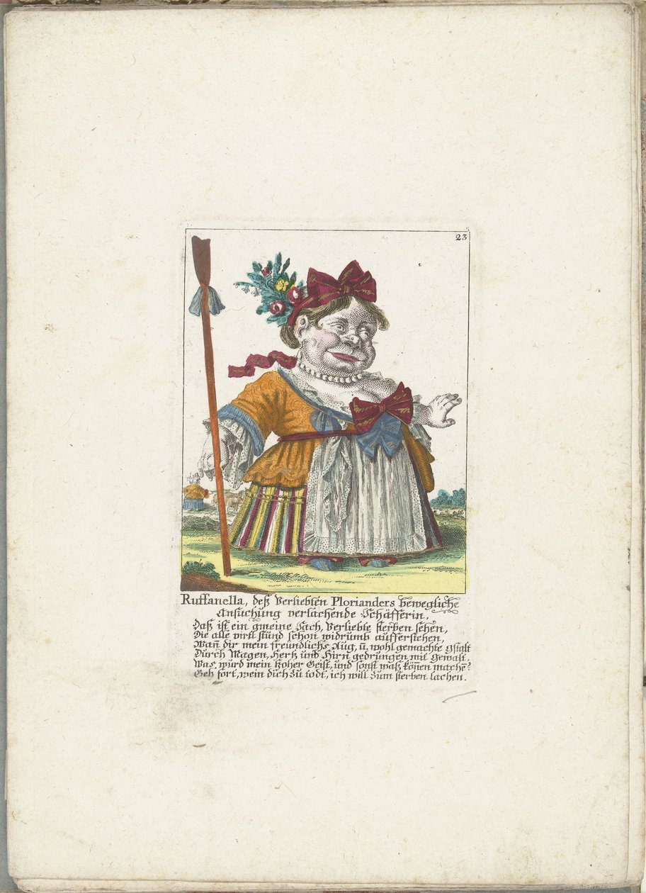 De dwerg Ruffanella pásztornőként, 1710 körül Ruffanella, a pásztorlány nevetve Ploriander megindító kérésére (cím a tárgyon) Il Callotto resurcitato vagy újonnan berendezett kis szekrény (sorozat címe) alkotó: Martin Engelbrecht (attributed to)