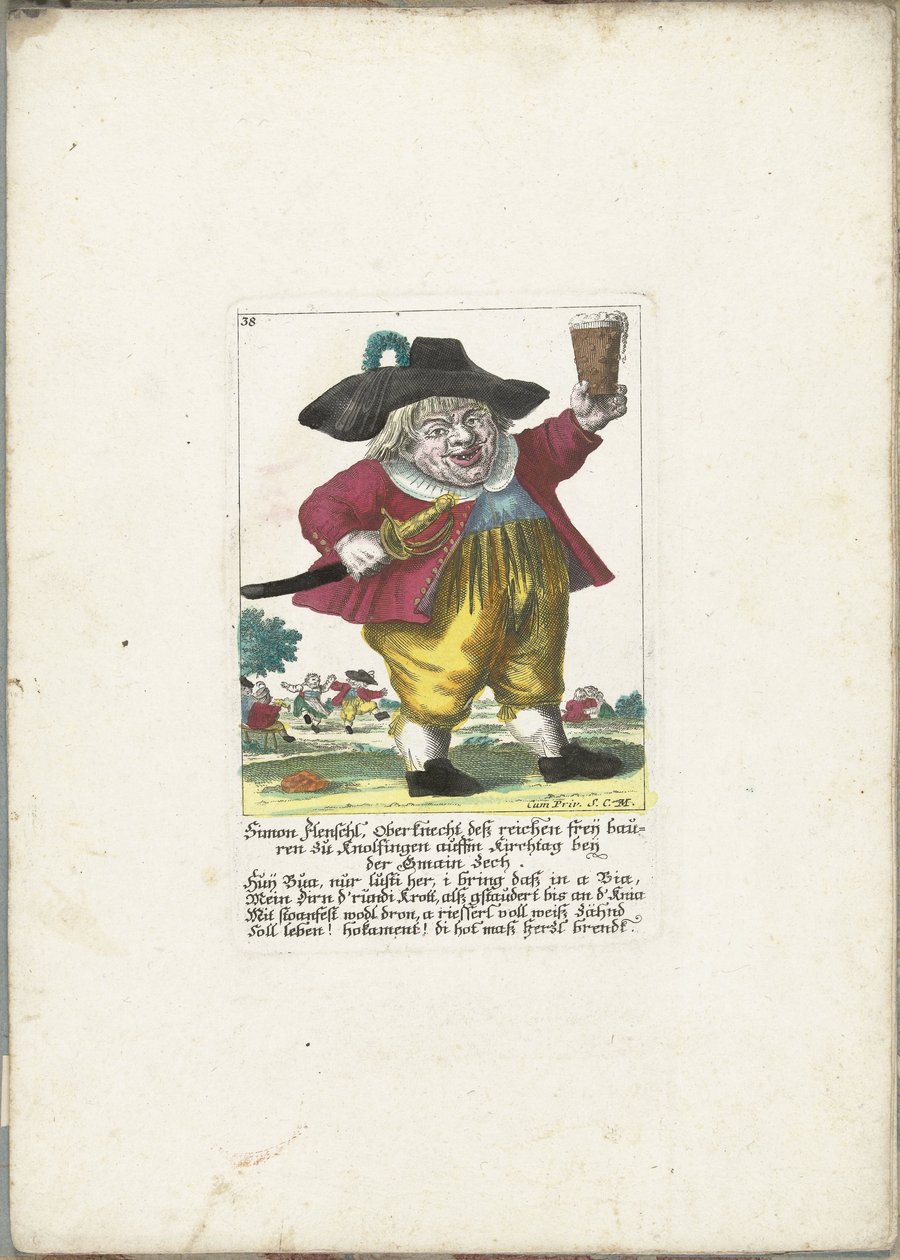 Simon Flenschl dwerg, 1710 körül Simon Flenschl, a gazdag freij földművesek művezetője Knolsingenben a Kirchtagban, a Gmain Zech közelében (cím a tárgyon) Il Callotto resurcitato vagy újonnan berendezett kis szekrény (sorozat címe) alkotó: Martin Engelbrecht (attributed to)