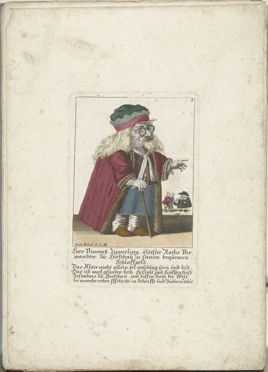 A dwerg Vincentz Zipperling in een bontjas, 1710 körül Herr Vincentz Zipperling, Rath legrégebbi rokona Hirschauban, kényelmes, laza kabátjában (cím a tárgyon) Il Callotto resurcitato vagy újonnan berendezett kis szekrény (sorozat címe) alkotó: Martin Engelbrecht (attributed to)