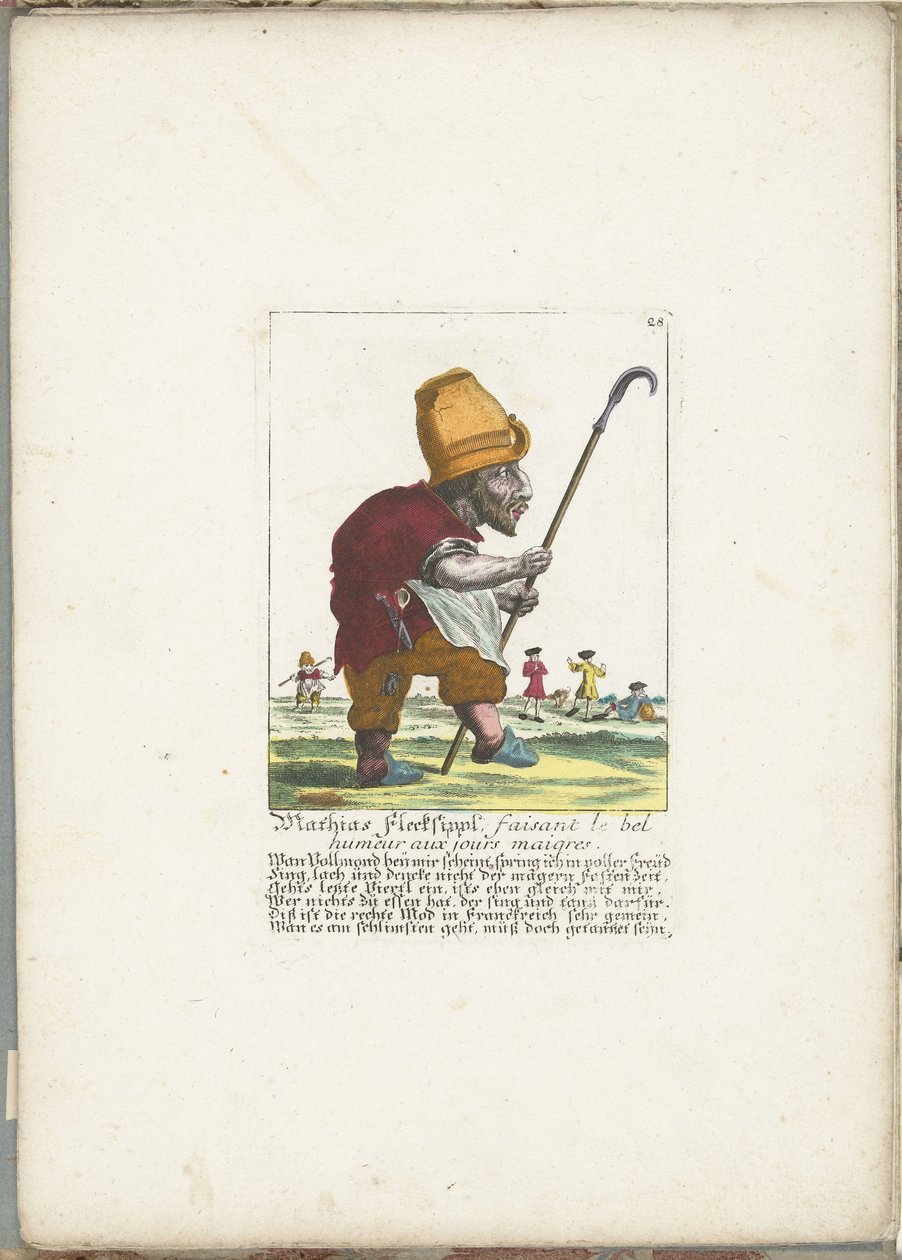 A vidám törpe Mathias Flecksippl, kb. 1710 Mathias Flecksippl, faisant le bel humeur aux jours maigres (cím a tárgyon) Il Callotto resurcitato vagy Újonnan kinevezett Zwerchen kabinet (sorozat címe) alkotó: Martin Engelbrecht (attributed to)