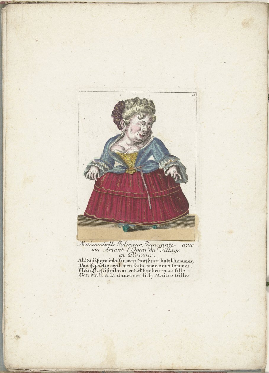 Dwerg als de Franse Mademoiselle Jolicoeur, kb. 1710 Mademoiselle Jolicoeur, táncosnő szeretőjével a provence-i Opera du Village-ben (cím a tárgyon) Il Callotto resurcitato oder Neu eigerichtes Zwerchen Cabinet (sorozat címe) alkotó: Martin Engelbrecht (attributed to)