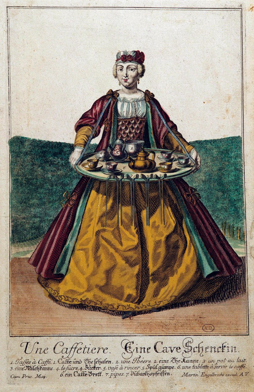 Kávéfőző: egy fiatal nő, aki egy kávéval megtöltött tálcát cipel. Martin Engelbrecht metsze (1684-1756) 18. század. Párizs, dekoratív művészet alkotó: Martin Engelbrecht