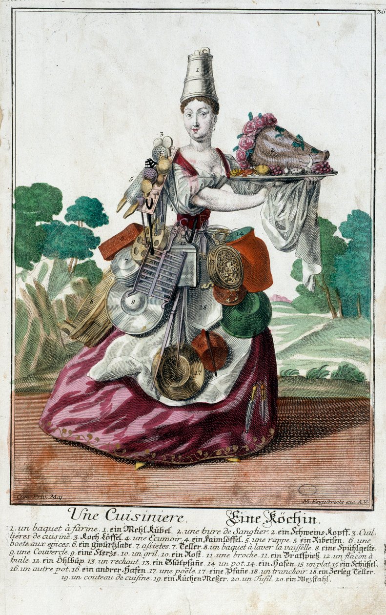 Szakács. Martin Engelbrecht (1684-1756) metszete a „” Manuuries habilles új összeállítása”-ban, 18. század, Németország. Párizs, dekoratív művészet alkotó: Martin Engelbrecht