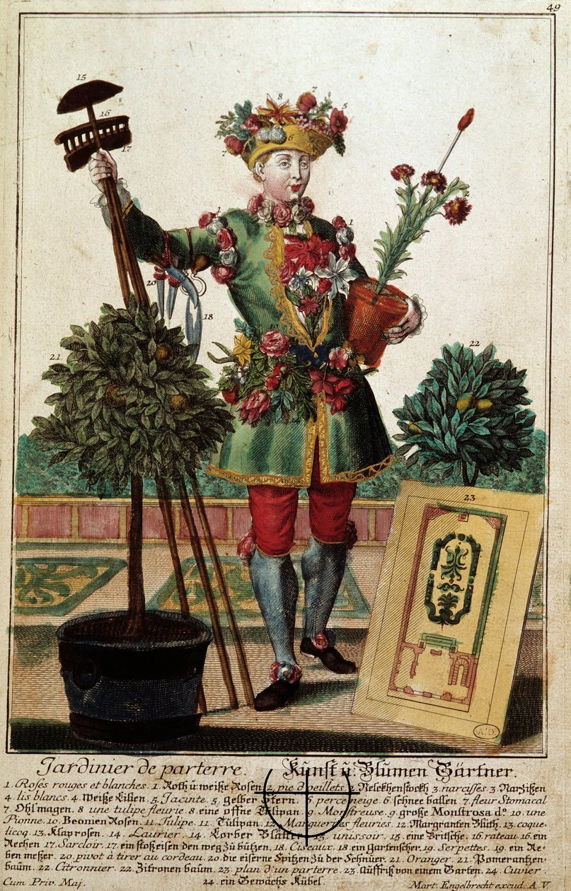 Egy kertész. Martin Engelbrecht (1684-1756) metszete a „” Manuuries habilles új összeállítása”-ban, 18. század, Németország. Párizs, dekoratív művészet alkotó: Martin Engelbrecht