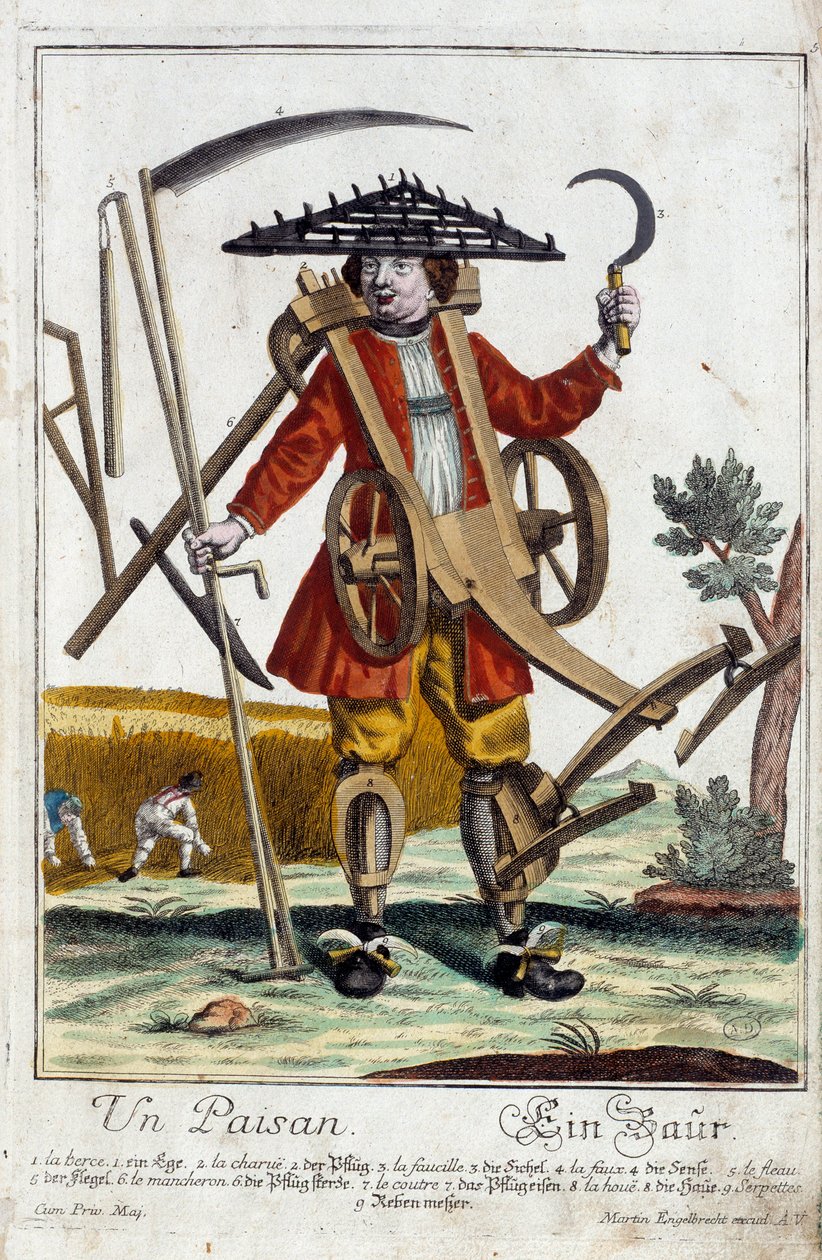 Egy paraszt. Martin Engelbrecht (1684-1756) metszete a „” Manuuries habilles új összeállítása”-ban, 18. század, Németország. Párizs, dekoratív művészet alkotó: Martin Engelbrecht