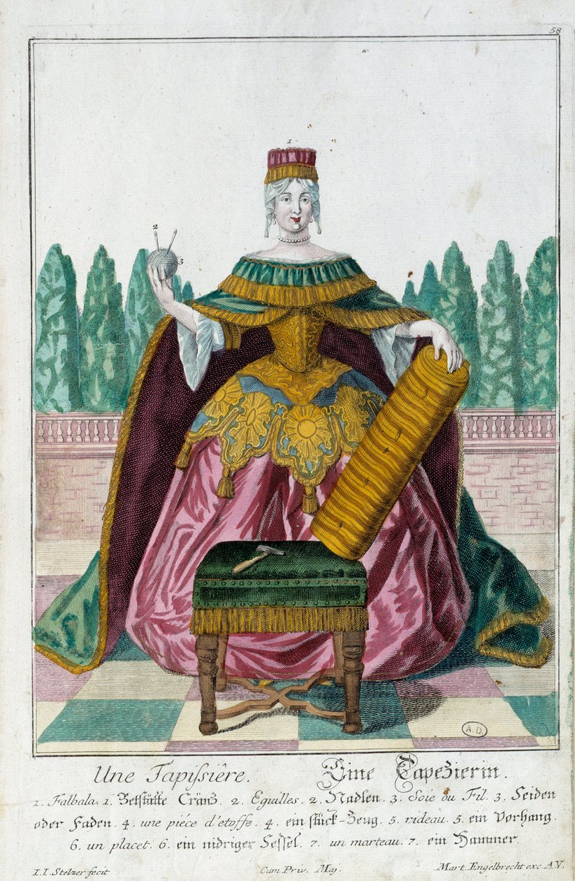 Egy kárpit. Martin Engelbrecht (1684-1756) metszete a „” Manuuries habilles új összeállítása”-ban, 18. század, Németország. Párizs, dekoratív művészet alkotó: Martin Engelbrecht