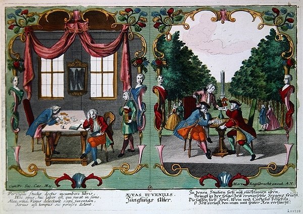 Serdülő fiúk, 18. század eleje (színes metszet) alkotó: Martin Engelbrecht
