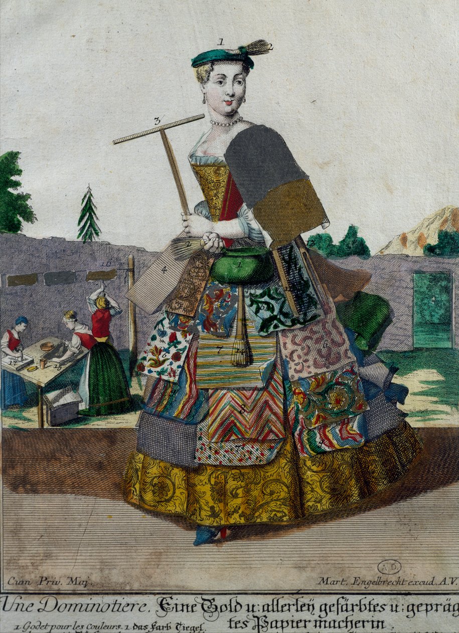 Színes papírok gyártója, metszet az Assemblage des nouveau manouvries habilles Martin Engelbrecht (1684-1756), Németországból alkotó: Martin Engelbrecht