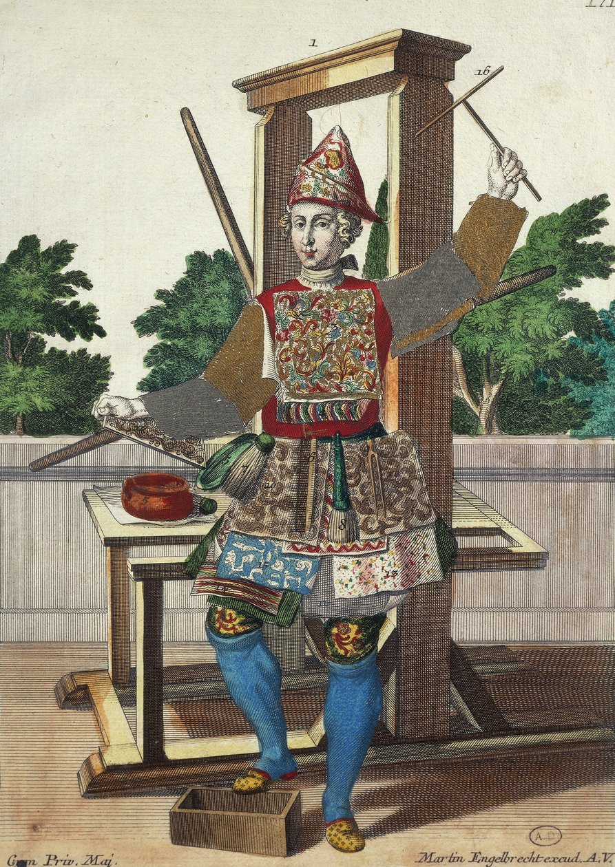 Színes papírok gyártója, metszet az Assemblage des nouveau manouvries habilles Martin Engelbrecht (1684-1756), Németországból alkotó: Martin Engelbrecht