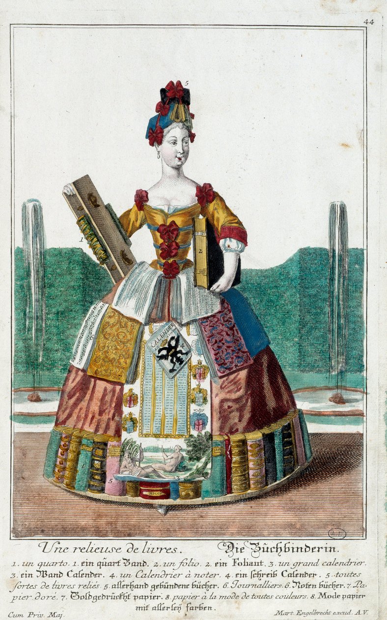 Metier: Könyvkötő. Martin Engelbrecht (1684-1756) metszete a „” Manuuries habilles új összeállítása”-ban, 18. század, Németország. Párizs, dekoratív művészet alkotó: Martin Engelbrecht