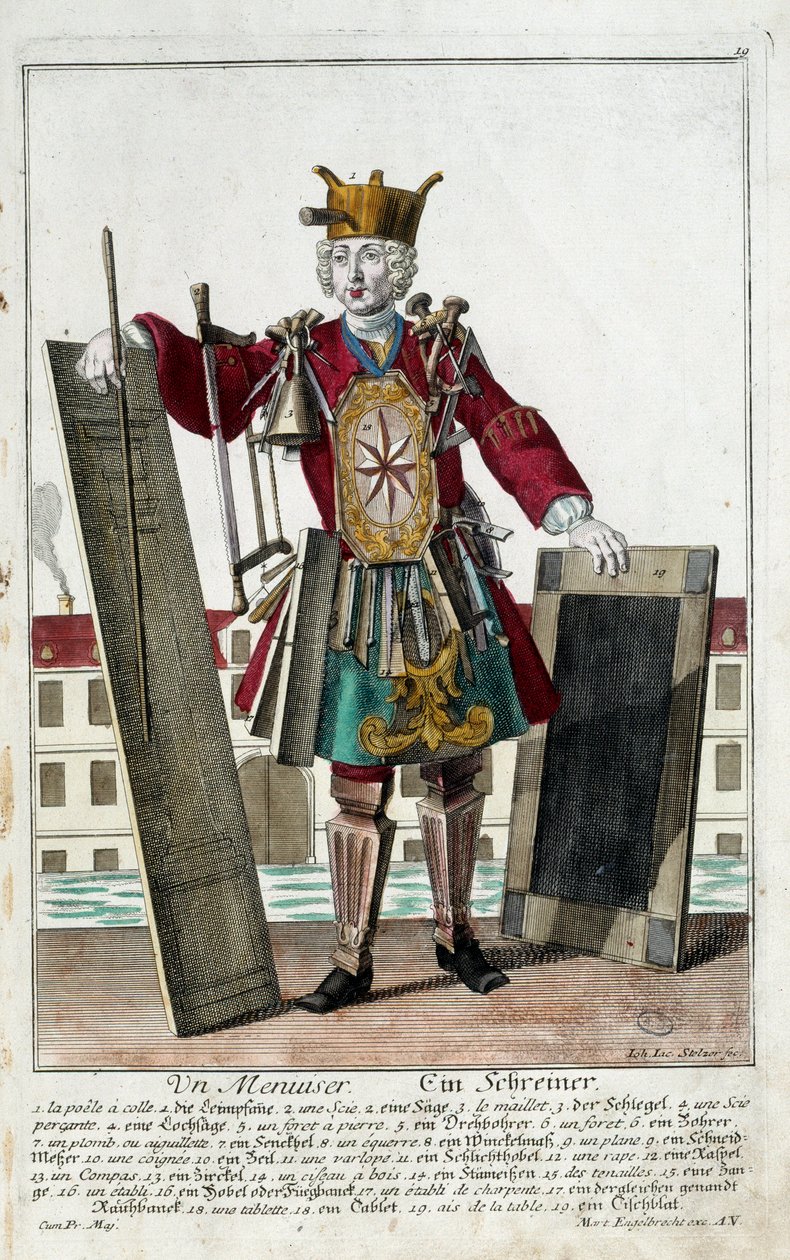Szakember: asztalos. Martin Engelbrecht (1684-1756) metszete a „” Manuuries habilles új összeállítása”-ban, 18. század, Németország. Párizs, dekoratív művészet alkotó: Martin Engelbrecht