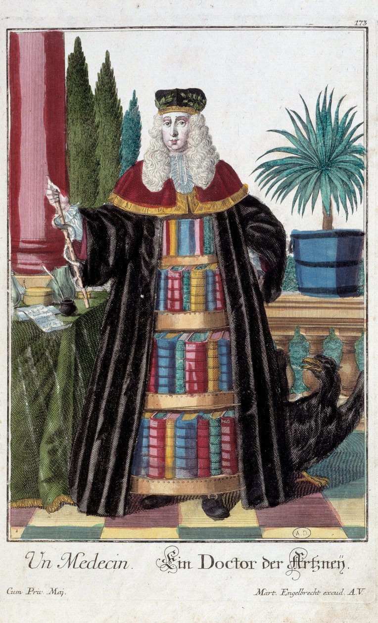 Metier: Orvos. Martin Engelbrecht (1684-1756) metszete a „” Manuuries habilles új összeállítása”-ban, 18. század, Németország. Párizs, dekoratív művészet alkotó: Martin Engelbrecht