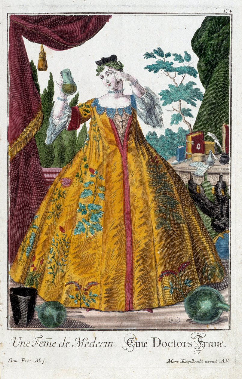 Metier: Egy orvos felesége. Martin Engelbrecht (1684-1756) metszete a „” Manuuries habilles új összeállítása”-ban, 18. század, Németország. Párizs, dekoratív művészet alkotó: Martin Engelbrecht
