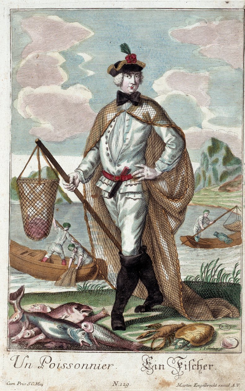 Metier: egy halfa. Martin Engelbrecht (1684-1756) metszete a „” Manuuries habilles új összeállítása”-ban, 18. század, Németország. Párizs, dekoratív művészet alkotó: Martin Engelbrecht