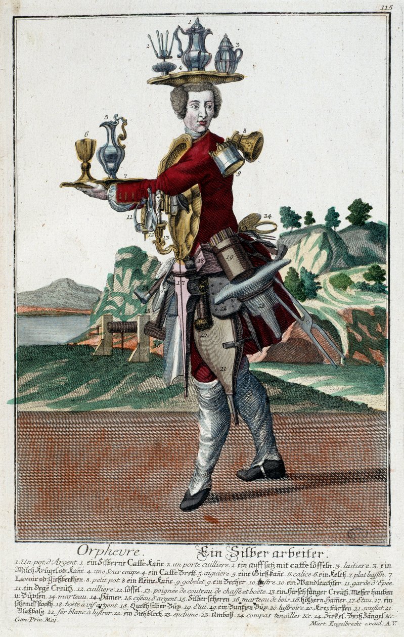 Metier: Aranyhal. Martin Engelbrecht (1684-1756) metszete a „” Manuuries habilles új összeállítása”-ban, 18. század, Németország. Párizs, dekoratív művészet alkotó: Martin Engelbrecht