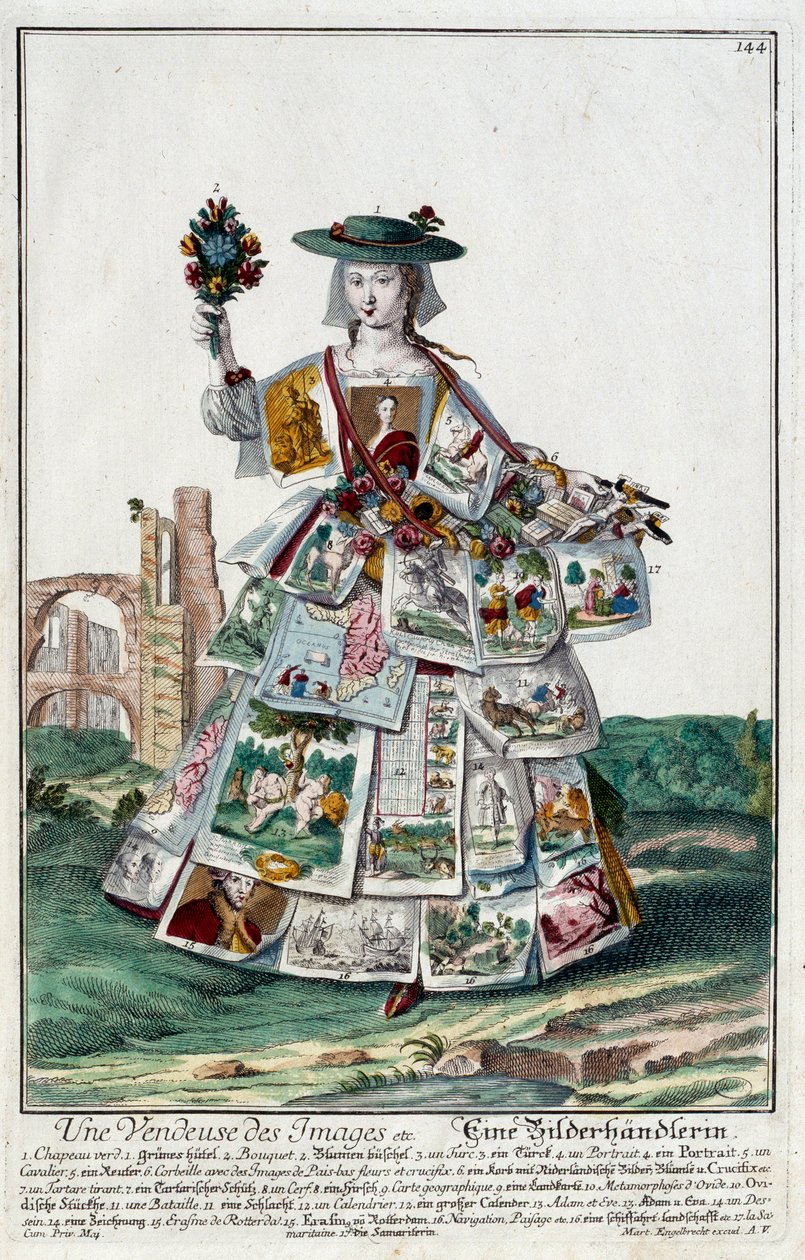 Metier: Képes eladónő. Martin Engelbrecht (1684-1756) metszete a „” Manuuries habilles új összeállítása”-ban, 18. század, Németország. Párizs, dekoratív művészet alkotó: Martin Engelbrecht