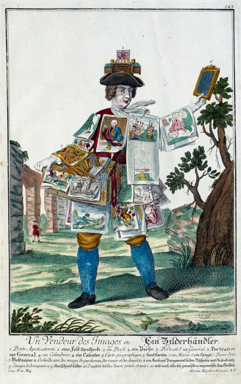 Metier: Képes eladó. Martin Engelbrecht (1684-1756) metszete a „” Manuuries habilles új összeállítása”-ban, 18. század, Németország. Párizs, dekoratív művészet alkotó: Martin Engelbrecht
