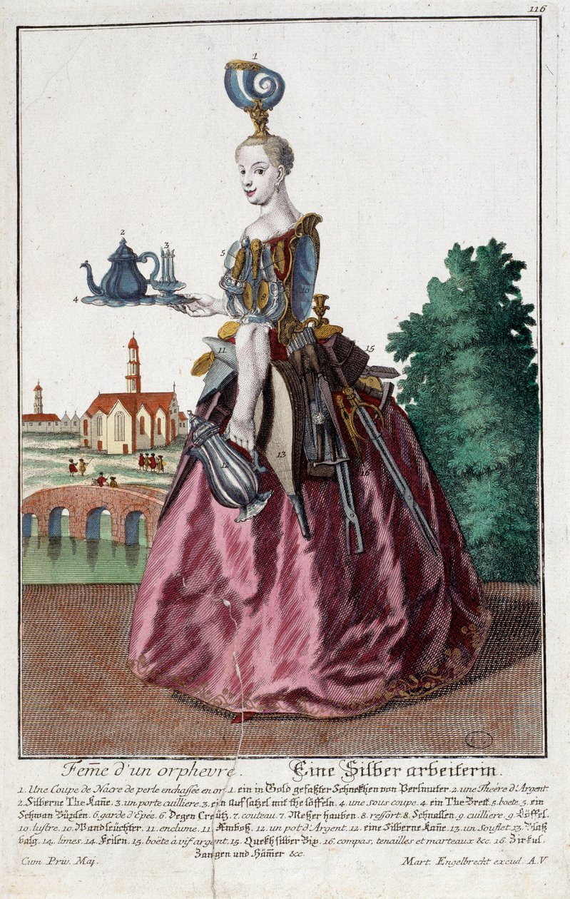Metier: Aranyhalasszony. Martin Engelbrecht (1684-1756) metszete a „” Manuuries habilles új összeállítása”-ban, 18. század, Németország. Párizs, dekoratív művészet alkotó: Martin Engelbrecht