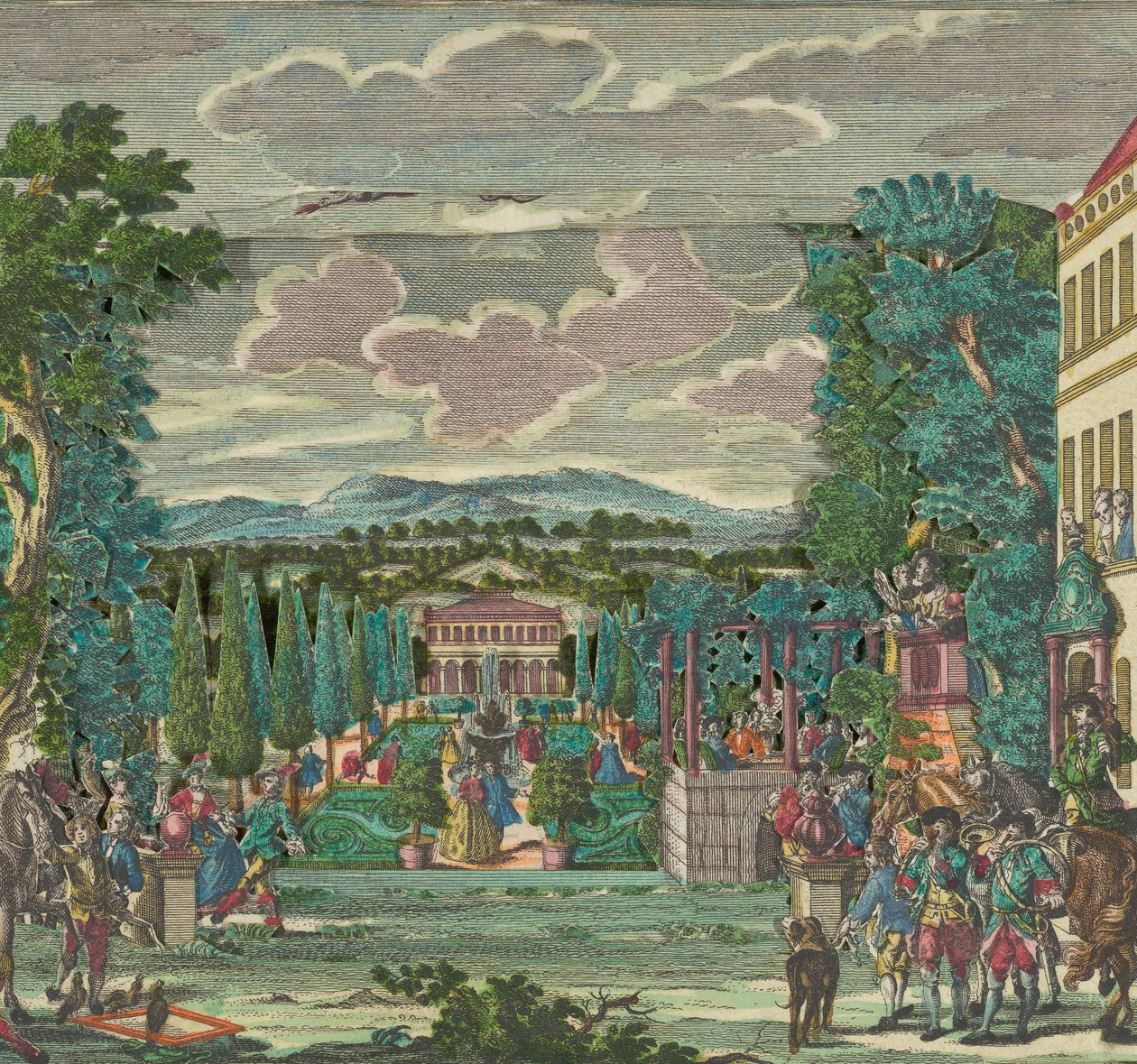 Papírszínház vagy egy olasz stílusú villa és kert diorámája, kb. 1730-56. alkotó: Martin Engelbrecht