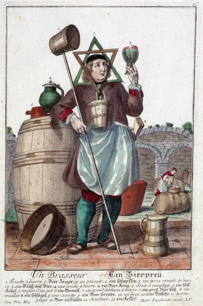 A sörfőző ábrázolása szökőkúttal, pohárral, kancsóval, vödörrel, hordóval, kalapáccsal, tálal, brokkal, bojlerrel. Martin Engelbrecht metsze (1684-1756) alkotó: Martin Engelbrecht