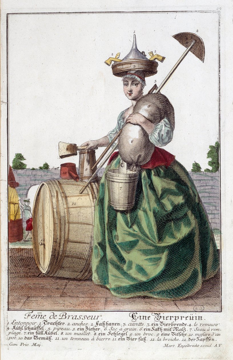A sörfőző feleségének ábrázolása, tölcsért a fején, gabonazsákot, tálat, vödröt, söröshordót. Martin Engelbrecht metsze (1684-1756) alkotó: Martin Engelbrecht
