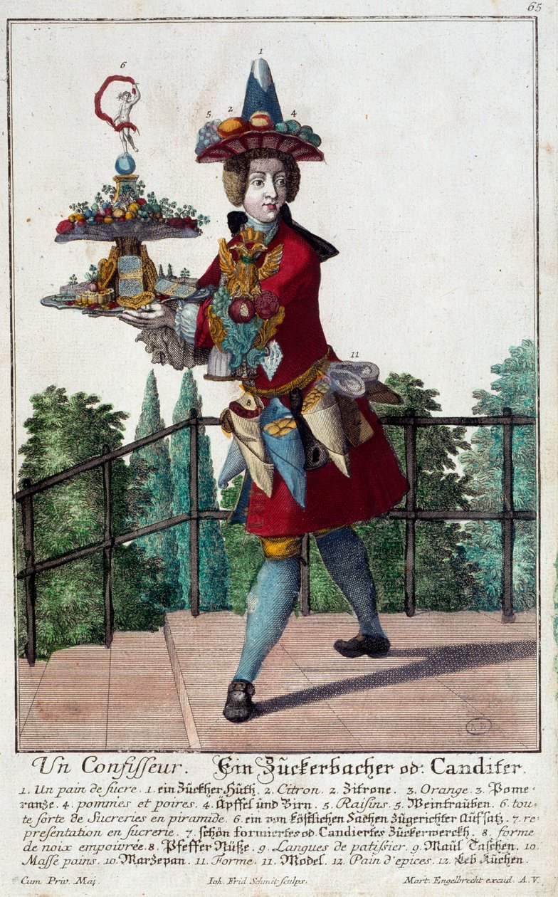 A cukrász: egy fiatal férfi, kezében egy tálcás cukorka és édesség. Martin Engelbrecht metsze (1684-1756) 18. század. Párizs, dekoratív művészet alkotó: Martin Engelbrecht