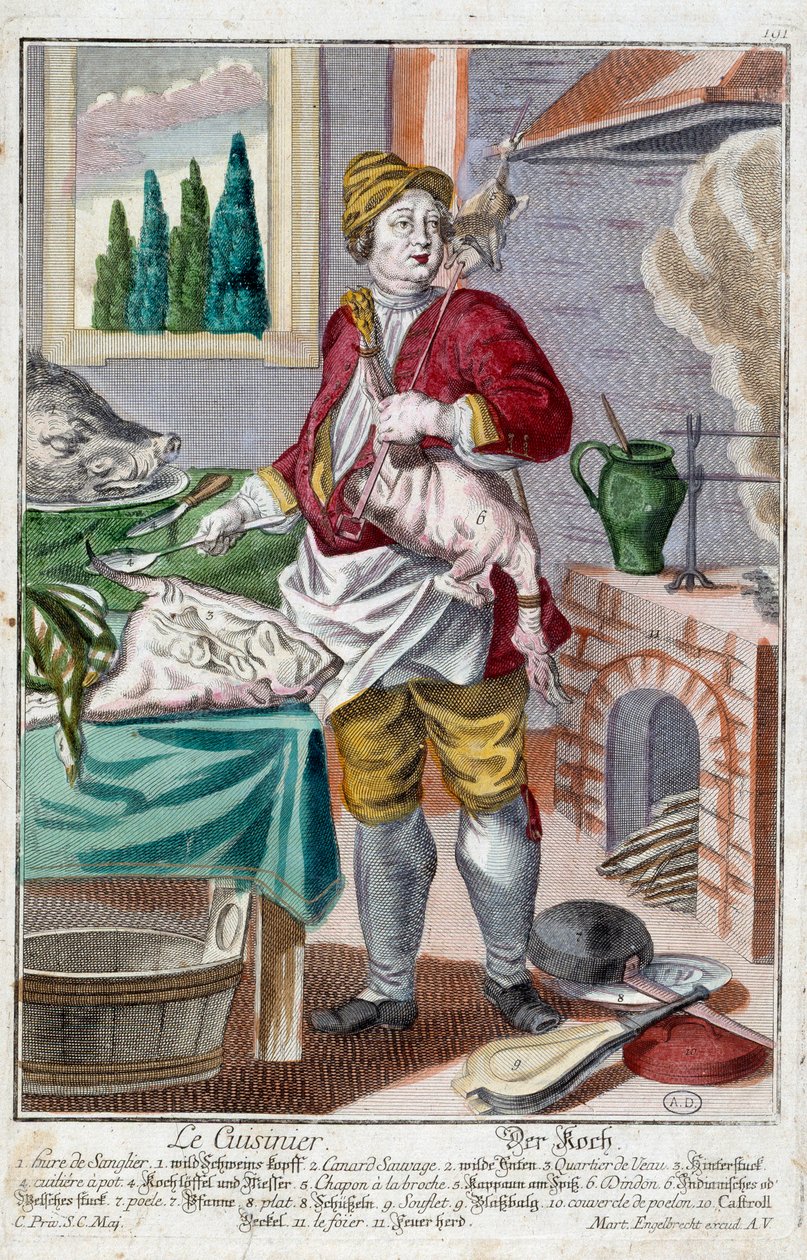 A szakács. Martin Engelbrecht (1684-1756) metszete a „” Manuuries habilles új összeállítása”-ban, 18. század, Németország. Párizs, dekoratív művészet alkotó: Martin Engelbrecht