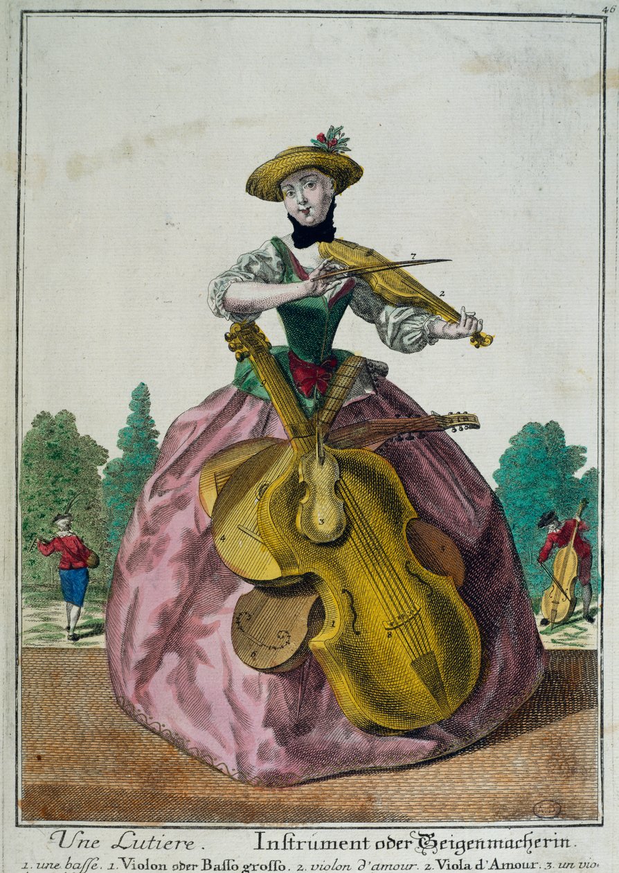Une Lutiere, Lutist brácsával, csellóval és hegedűvel, Martin Engelbrecht (1684-1756), színes nyomat, Franciaország alkotó: Martin Engelbrecht